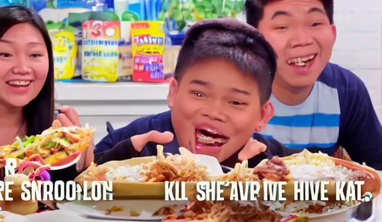 Prompt: Screencap from a mukbang video where a Filipino teenager eats a pair of sneakers