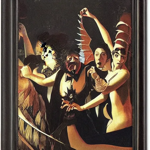 Image similar to A beautiful illustration of a large, dragon-like creature with sharp teeth, talons, and a long tail. The creature is looming over a small group of people who appear to be in distress. Moulin Rouge! by Caravaggio, by Gerhard Munthe frightful