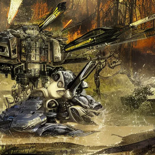 Image similar to a beautiful shot poweful spider - like battle mechas by shoji kawamori, tank turret with a big rail gun, two plasma phasers, mutliples rocket pods, machine gun, in a swamp battlefield, water, mud, reeds, dead trees, explosions, dust, beautiful natural light, golden hour, war photography, by annie leibowitz