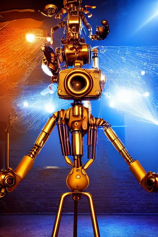 Image similar to portrait photo of a giant huge golden and blue metal humanoid female steampunk robot singer with headphones and gears and tubes, in the foreground is a big red glowing microphone on a tripod, eyes are glowing red lightbulbs, shiny crisp finish, 3 d render, 8 k, insaneley detailed, fluorescent colors, background is multicolored lasershow