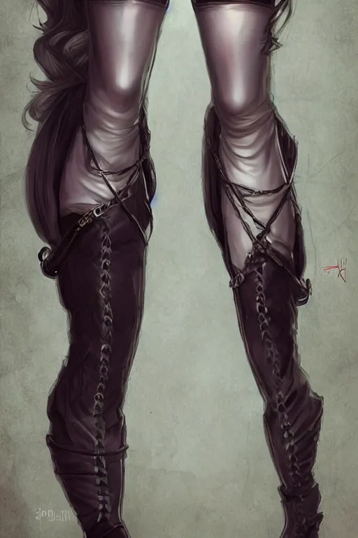 Prompt: a beatiful female elven priestess wearing thigh high black leather boots, detailed digital art in the style of Charlie Bowater