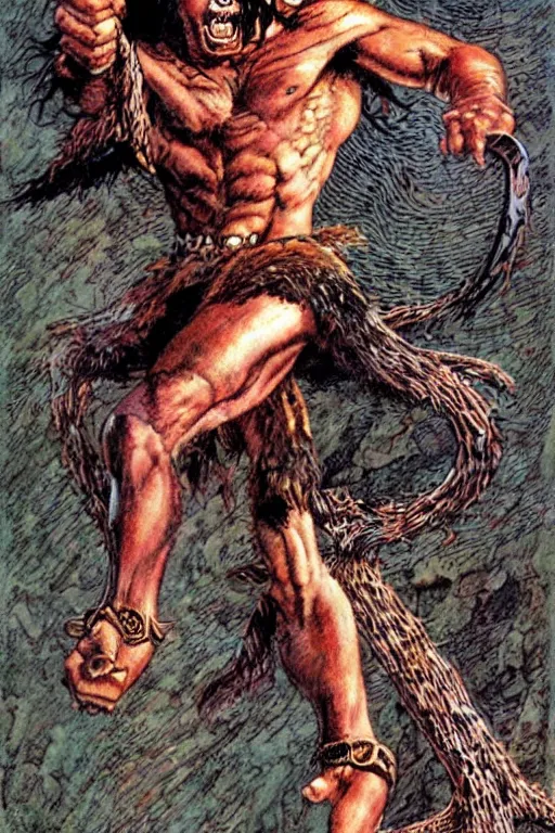 Prompt: “ conan the barbarian leaping to attack a giant black spider, red eyes ” val semeiks, barry windsor smith, john buscema, ernie chan, earl norem.
