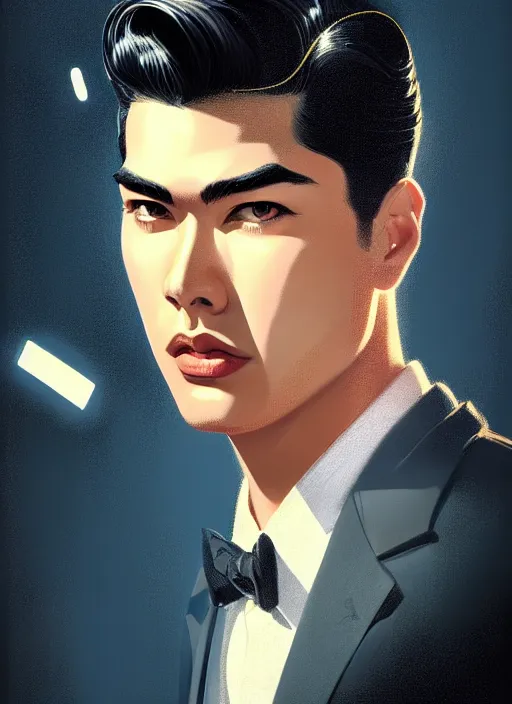 Image similar to portrait of reggie mantle, mean smirk, egotistical, slicked back hair, 1 9 5 0 s, intricate, elegant, glowing lights, highly detailed, digital painting, artstation, concept art, smooth, sharp focus, illustration, art by wlop, mars ravelo and greg rutkowski