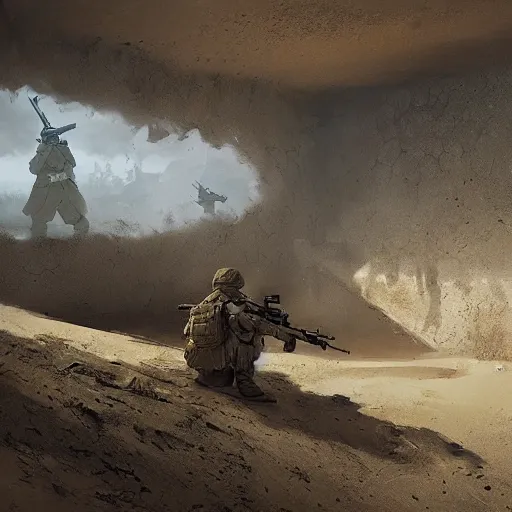 Image similar to two soldiers hiding in an bunker, Matte painting , detailed painting, greg rutkowski