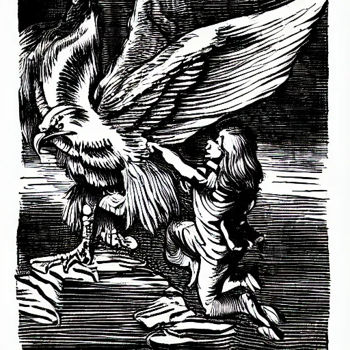 Prompt: a black and white drawing of an eagle attacking a demon, a woodcut by Sir John Tenniel, pixabay, vanitas, woodcut, photoillustration, storybook illustration