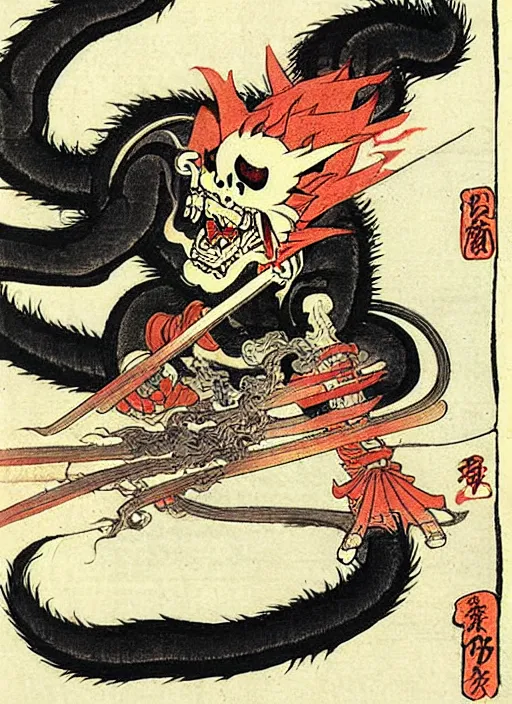 Image similar to ghost rider as a yokai illustrated by kawanabe kyosai and toriyama sekien