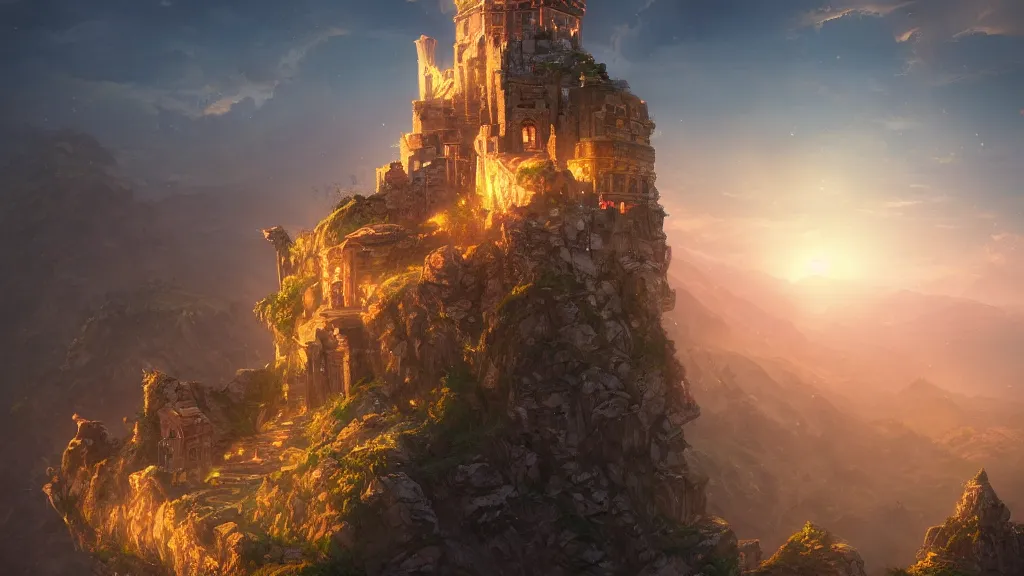 Image similar to ancient mystical citadel on top of a mountain, golden glow illuminating the building, by sylvain sarrailh, rossdraws, ambient light, ultra detailed, fantasy artwork, 8 k, volumetric lighting, trending on artstation, award winning, very beautiful.