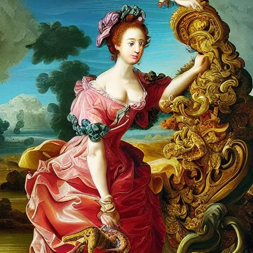 Prompt: baroque style painting, rococo of a crocodile, beautiful portrait, super detailed, super colorful
