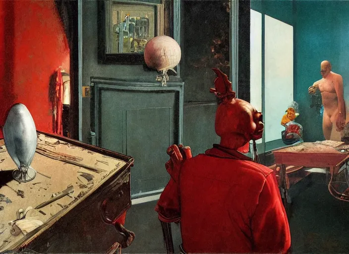 Prompt: a still from home alone by giorgio de chirico, surreal, norman rockwell and james jean, francis bacon, triadic color scheme, by greg rutkowski, in the style of francis bacon and edward hopper and beksinski, dark surrealism, grand theft auto video game, a still from the film alien