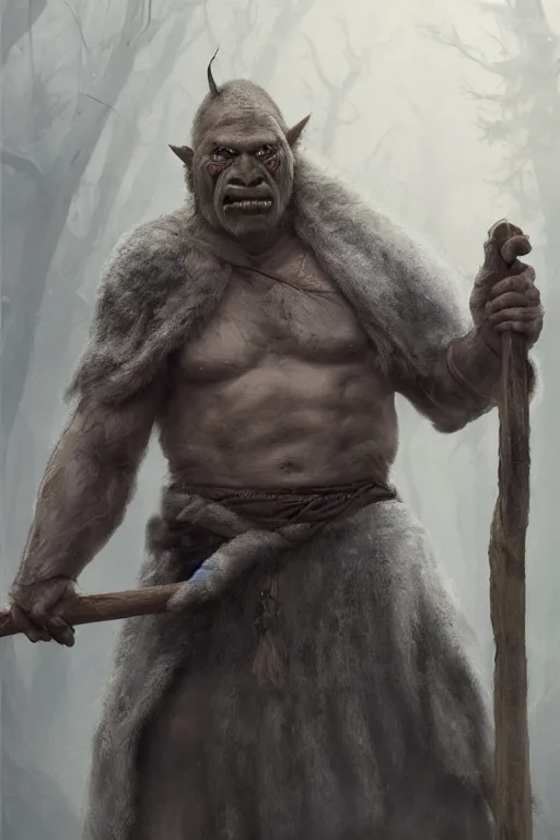 Prompt: a male orc druid, wearing a grey fur robe, holding a wooden staff in his right hand, Matte painting , detailed painting, greg rutkowski