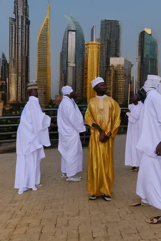 Image similar to nigerian men with white robes and golden angels wings in front of a city skyline