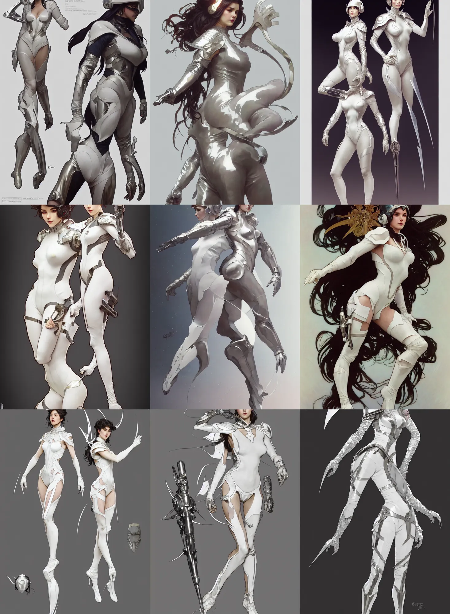 Prompt: a full body character design by artgerm, cushart krenz, greg rutkowski and alphonse mucha. sci - fi dagger. white tape project show attctive showgirl!! full body with helmet!! sharp edge. ultra clear detailed. contour light effect!! 8 k. stage light. ultra detailed, elegant, intricate, octane render.