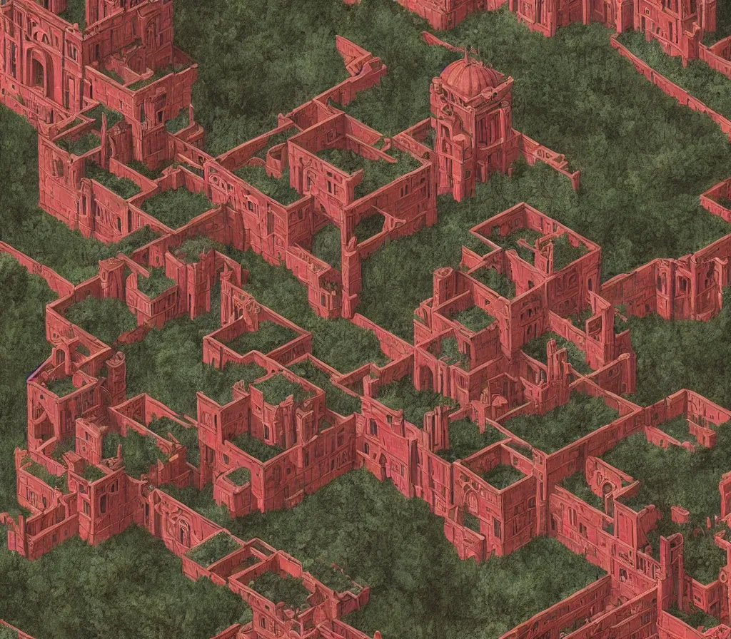 Prompt: Red Citadel, Fey ruins, in the style of M.C. Escher, inspired by Caravaggio,