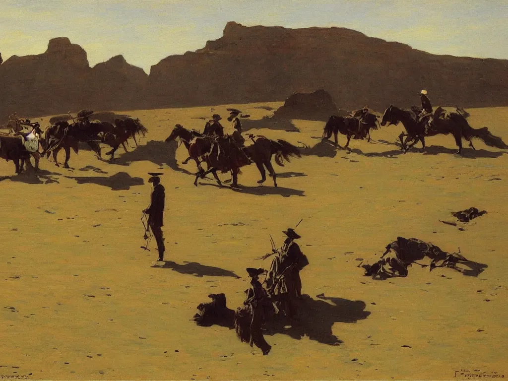 Image similar to a beautiful landscape painting by frederic remington, trending on arstation