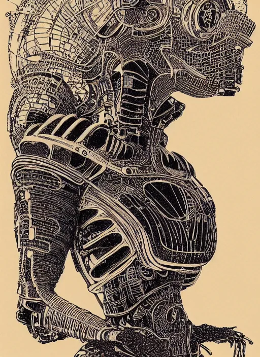 Image similar to 2 d illustration, grained risograph, vintage sci - fi comicbook portrait of a futuristic silver armored geisha district 9 cyborg, parallax, fractal, intricate, elegant, highly detailed, subsurface scattering, by jheronimus bosch and moebius louis jacques mande daguerre and szukalski