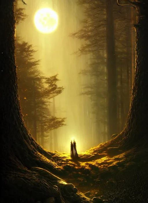 Image similar to fantasy book cover, full moon, fantasy forest landscape, golden vector elements, fantasy magic, dark light night, intricate, elegant, sharp focus, illustration, highly detailed, digital painting, concept art, matte, art by greg rutkowski and Artgerm and Albert Bierstadt, masterpiece