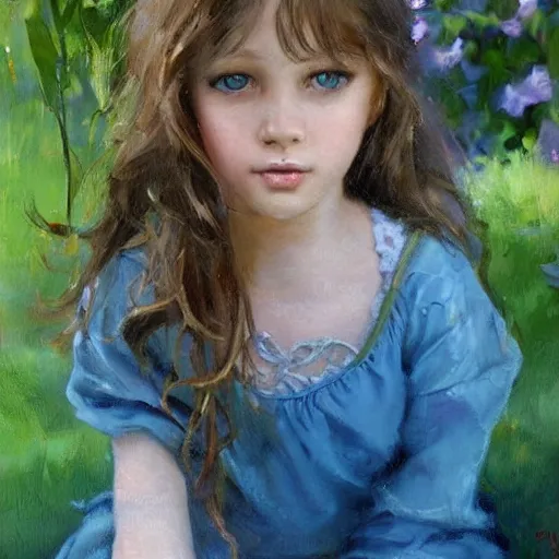 Image similar to a little girl with short wavy light brown hair and blue eyes sitting in a lovely garden. beautiful painting by raymond swanland, beautiful detailed face.