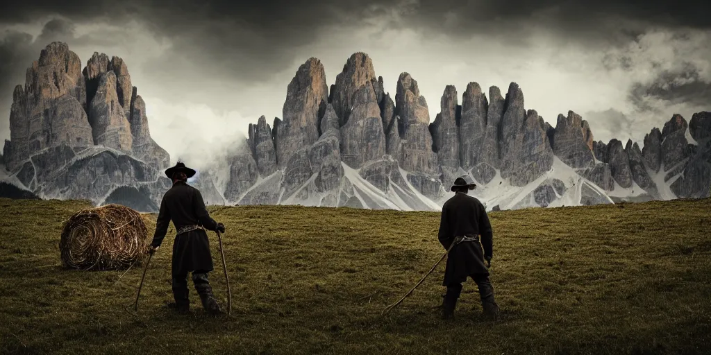 Image similar to alpine farmer transforming into a monster ,roots and hay coat, dolomites in background, dark, eerie, despair, portrait photography, artstation, highly detailed, sharp focus, by cronneberg