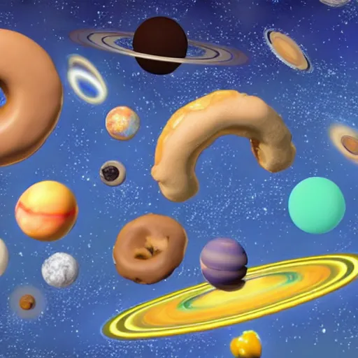 Image similar to the planets in our solar system, if they were donuts from the simpsons, unreal engine 5, high detail
