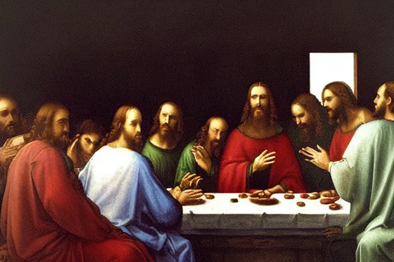 Prompt: jesus christ on a mac during the last supper by leonardo davinci