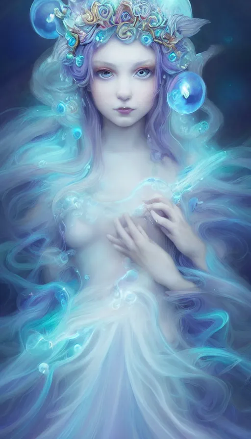 Image similar to portrait of magical ghost triton, ethereal , cloudy, transparant, gradient white cyan, dreamy and ethereal, (colour) eyes, peaceful expression, ornate frilly dress, fantasy, intricate, elegant, rainbow bubbles, highly detailed, digital painting, artstation, concept art, smooth,b sharp focus, illustration, art by artgerm and greg rutkowski and alphonse mucha