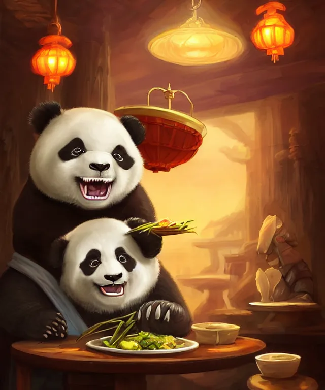 Image similar to a portrait an anthropomorphic panda mage eating chinese food, wearing mage robes, restaurant in background, cute and adorable, dnd character art portrait, well rendered matte fantasy painting, deviantart artstation, by jason felix by steve argyle by tyler jacobson by peter mohrbacher, cinematic lighting