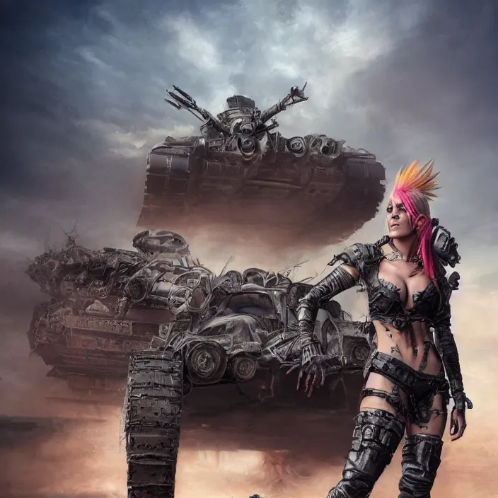 Prompt: beautiful apocalyptic woman with Mohawk, standing on mad max panzer tank, hyper-detailed, smooth, sharp focus, 4k ultra hd, fantasy dark art, tank girl, artgerm, artstation, octane render, elegant, detailed digital painting, apocalyptic art