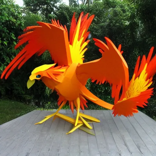 Prompt: abstract, sculpture moltres made of various materials from rainforest of face of artificial intellicgence