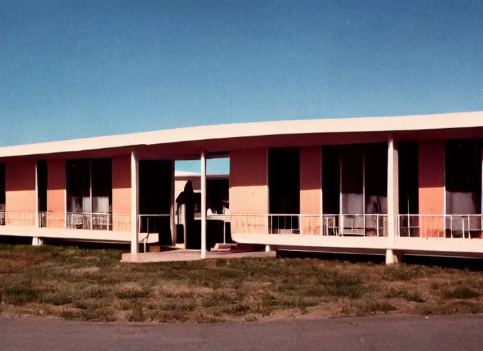 Image similar to a midcentury modern motel in santa fe new mexico in the year 1 9 6 7