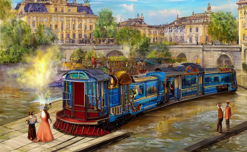 Image similar to Beautiful alchemy urban train that rides inside of a waterway on a fantasy city, next to a fountain and a mystical palace. By Konstantin Razumov, highly detailded