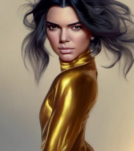 Prompt: kendall jenner wearing a golden dress, grey hair, red necktie, cinematic, stunning, highly detailed, digital painting, artstation, smooth, hard focus, full body shot, illustration, art by artgerm and greg rutkowski and alphonse mucha