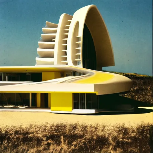 Prompt: architecture ad for a mid-century modern house by the beach designed by Zaha Hadid. Film grain, cinematic, colorized, yellow hue.
