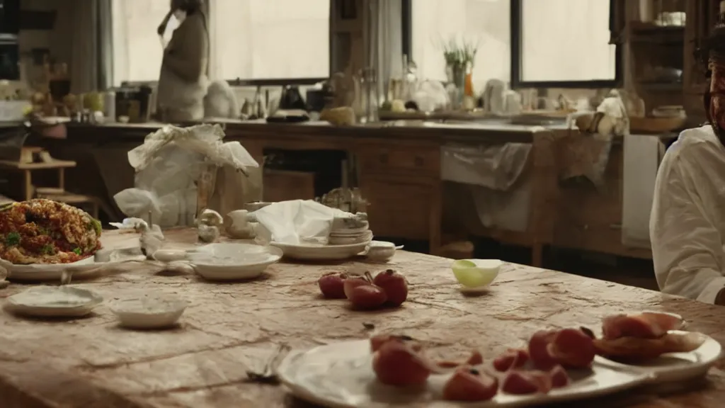 Prompt: Cursed food on the kitchen table, film still from the movie directed by Denis Villeneuve with art direction by Salvador Dalí, wide lens