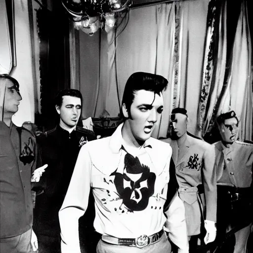 Image similar to Satanic States of America, alternate history, 1957, Elvis Presley, gothic Elvis, photograph, paparazzi photo