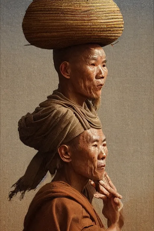 Prompt: komuso monk wearing a straw basket on his head, atmospheric lighting, by greg rutkowski, intricate details, highly detailed