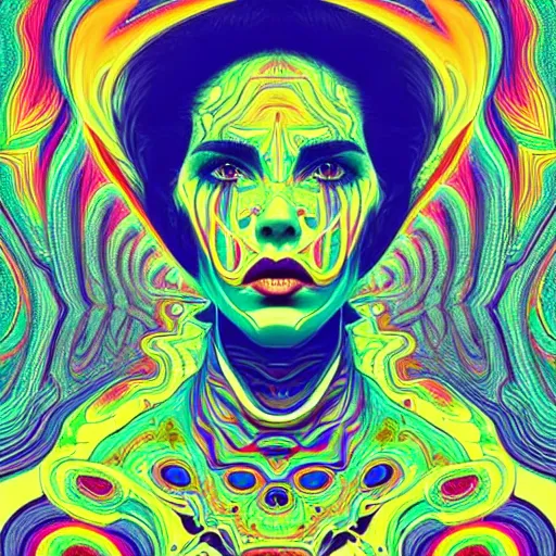 Image similar to An extremely psychedelic portrait, surreal, LSD, face, detailed, intricate, elegant, lithe, highly detailed, digital painting, artstation, concept art, smooth, sharp focus, illustration, art by Kilian Eng