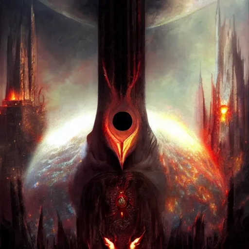 Image similar to eye of sauron seeing the past and the future by raymond swanland, highly detailed, bright tones