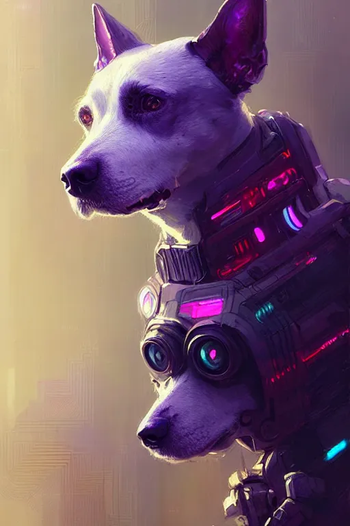 Prompt: a beautiful portrait of a cute cyberpunk dog by greg rutkowski and wlop, purple blue color scheme, digital art, highly detailed, fine detail, intricate, ornate, complex