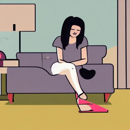 Prompt: a woman clipping her toenails on a grey couch, digital painting, full view, living room, casual