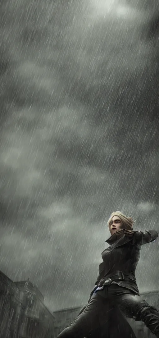 Image similar to annie leonhart in dunwall city, mid air shot, redshift render, beautiful face, detailed face, cinematic lighting, rainy weather, melancholy atmosphere, dunwall city, volumetric light, octane render, dishonored 1, gothic architecture, realistic reflections, octane render 8 k, action shot, wind trails