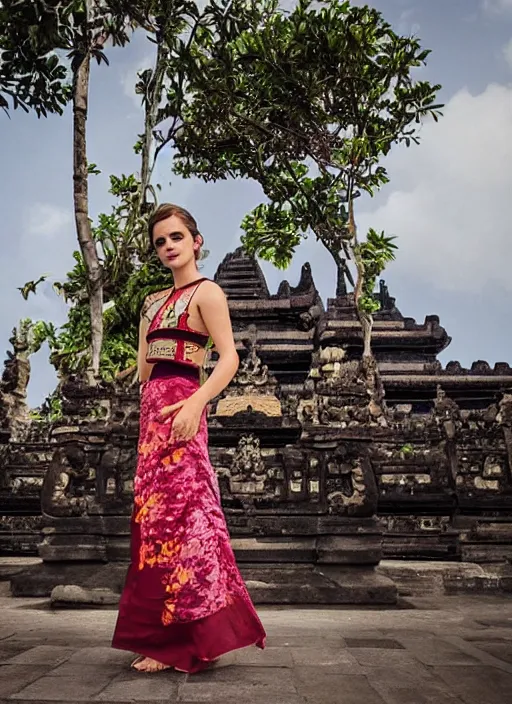 Prompt: emma watson wearing kebaya bali in bali iconic place in bali. front view. instagram, holiday photo shoot 5 0 mm