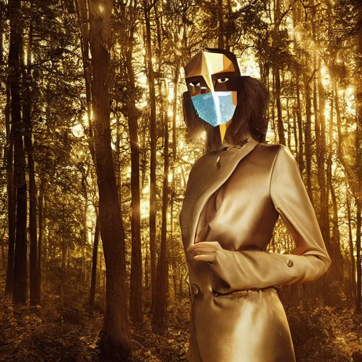 Prompt: a woman with a mask made of computer chips standing in a forest, golden hour, vogue magazine