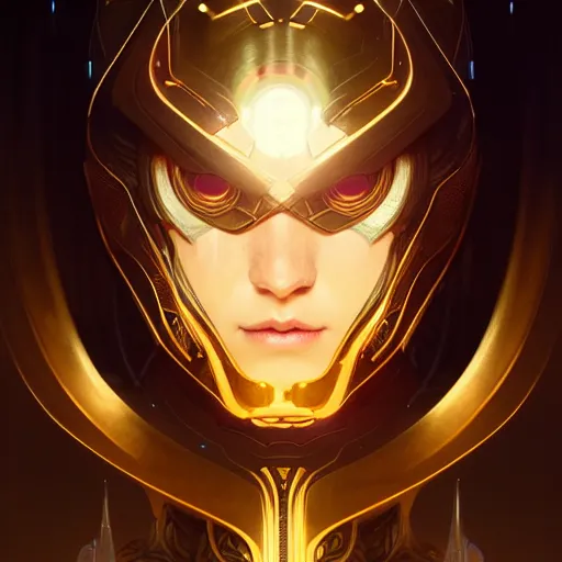 Prompt: superhero, sci fi, glowing eyes, volumetric lights, gold theme, art nouveau botanicals, intricate, highly detailed, digital painting, artstation, concept art, smooth, sharp focus, cinematic, illustration, beautiful face, art by artgerm and greg rutkowski and alphonse mucha