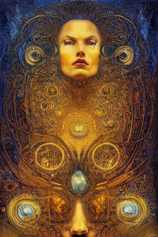 Image similar to Divine Machinery of Fate by Karol Bak, Jean Deville, Gustav Klimt, and Vincent Van Gogh, enigma, destiny, unearthly gears, otherworldly, fractal structures, arcane, prophecy, ornate gilded medieval icon, third eye, spirals