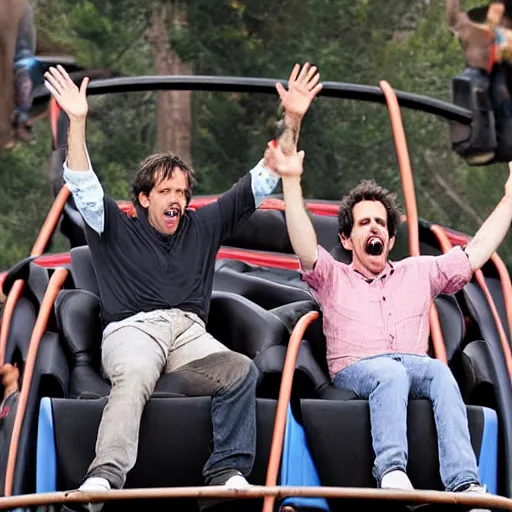 Image similar to ben stiller and jack black on rollercoaster, screaming!, hands in the air, highly detailed, high resolution, candid