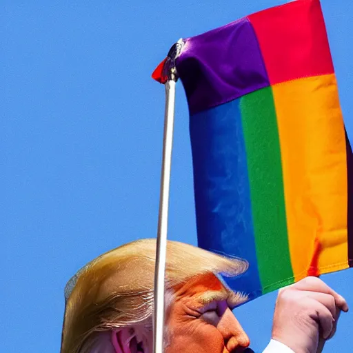 Prompt: donald trump holding up a gay pride flag