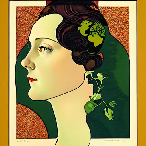 Image similar to Art in the style of Coles Phillips, Gaia, Mother Earth, side portrait, Mucha, Georgia O'Keeffe