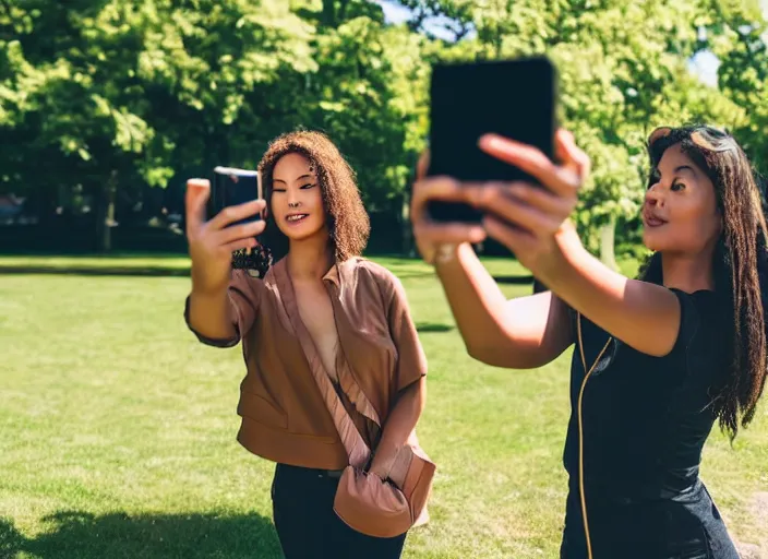 Image similar to photo still of a bronze statue of a woman using an iphone to take a selfie in a park on a bright sunny day, 8 k 8 5 mm f 1 6