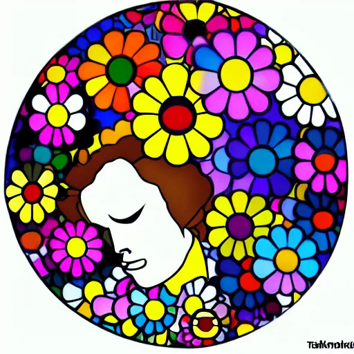 Image similar to silhouette of man's head exploding into flowers, bright colors, Takashi Murakami, Minimalist,