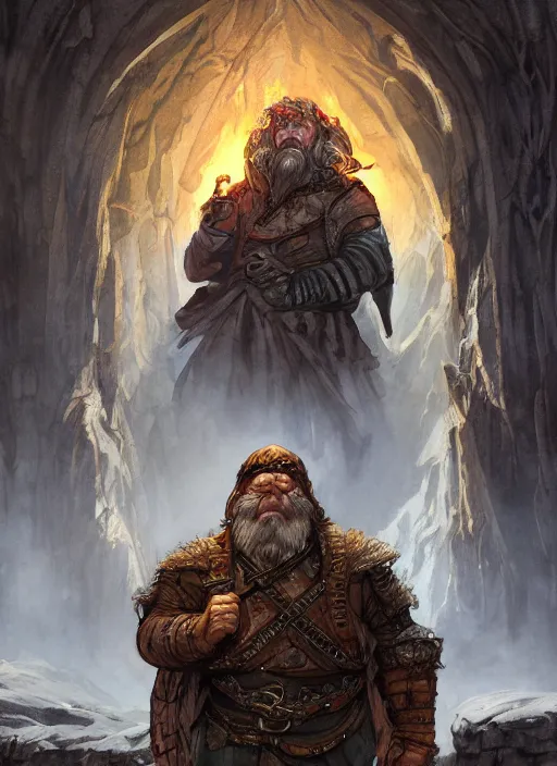 Prompt: Hulgen the dwarf. A humble dwarven stone mason completes the great gate of moria. Fantasy concept art. Moody Epic painting by James Gurney, and Alphonso Mucha. ArtstationHQ. painting with Vivid color. (Dragon age, witcher 3, lotr)